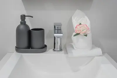 a bathroom counter with a bottle of soap and a flower at Cute Gem in Downtown Montreal in Montréal