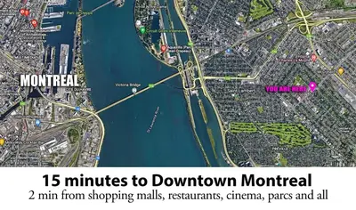 a map of a city with a river at Big Luxury 2 Bedroom Condo, Free Parking, Near Downtown, King size Bed in Longueuil