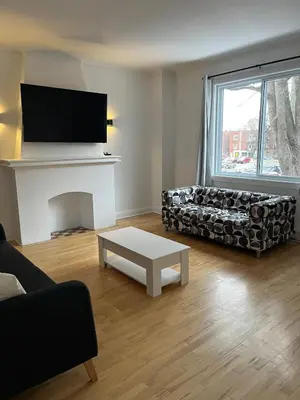 a living room with a couch and a fireplace at Urban Comfort 3BR Apartment in NDG in Montréal
