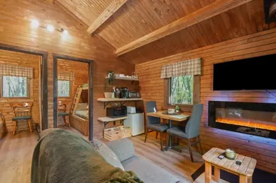 a living room with a couch and a tv in a cabin at chalet 4 - Domaine de l'Archipel in Sorel