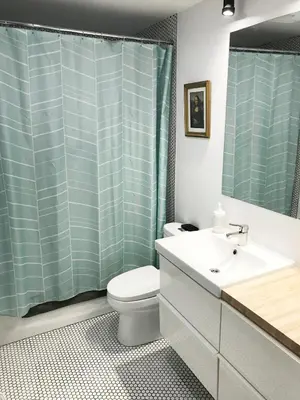a bathroom with a toilet and a shower curtain at Appartement Mid Century 2 Chambres avec Jardin in Montréal