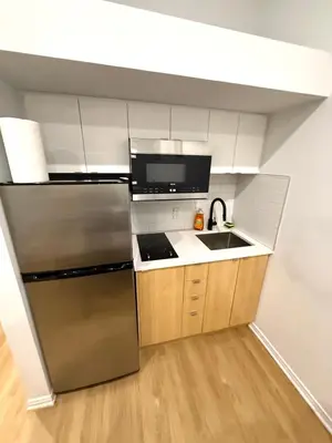 a kitchen with a stainless steel refrigerator and a sink at Big studio 4 persons apartment with Private FREE Parking in Montréal