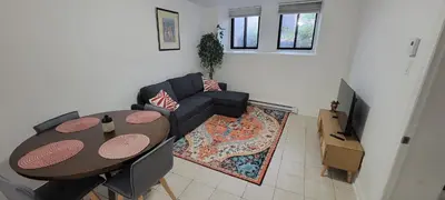 a living room with a couch and a table at Comfortable condo in Montreal in Montréal
