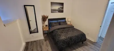 a bedroom with a bed and a mirror on the wall at Comfortable condo in Montreal in Montréal