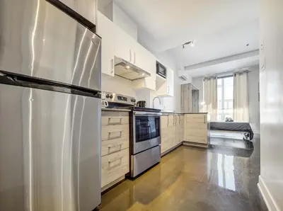 a kitchen with a stainless steel refrigerator and wooden cabinets at Appartement au centre de Montréal in Montréal