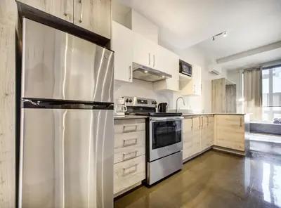 a large kitchen with a stainless steel refrigerator at Appartement au centre de Montréal in Montréal