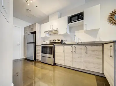 a kitchen with white cabinets and stainless steel appliances at Appartement au centre de Montréal in Montréal