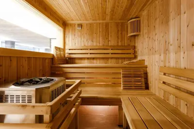 an empty sauna with wooden walls and wooden floors at Montreal - C Lofts Le Smith - 2B1B 1006 in Montréal