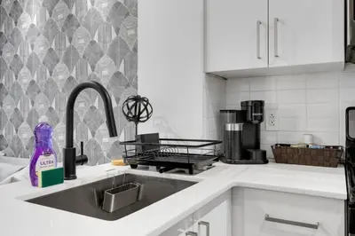 a kitchen sink with a bottle of detergent on it at Flat at the Foot of the Mountain With Parking in Montréal