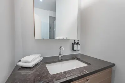 a bathroom with a sink and a mirror at Old Montreal Penthouse Iconic Location in Montréal