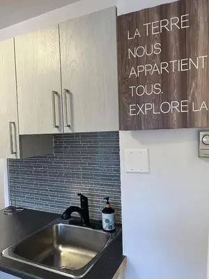 a kitchen with a sink and a white refrigerator at Montreal cozy entire apartment in Montréal