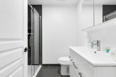 a white bathroom with a toilet and a shower at Pristine Parc Avenue Pad With Parking in Montréal