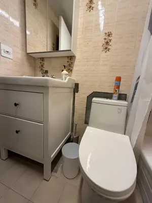 a bathroom with a white toilet and a sink at Stunning & Serene Downtown Apartment in Montréal