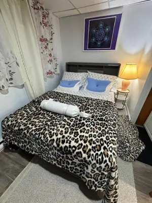 a bedroom with a leopard print bed in a room at Appartement Cool à Longueuil Plan A in Longueuil
