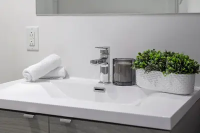a bathroom sink with a potted plant on it at Panoramic Skyline Penthouse Montreal Downtown -Free Parking - In Suite Laundry in Montréal