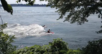 two people in the water on surfboards on a lake at Riverside stay, 2 bedrooms, 1 office, free parking in Montréal