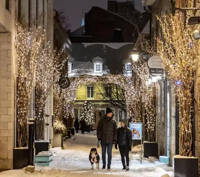 a man and a woman and a dog walking down a street with lights at Free Parking! Montreal Comfort Value Convenience! Full Kitchen, Fast Wifi, Workspace, Smart TV! in Montréal