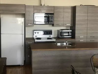 a kitchen with a white refrigerator and a sink at Le Loft des Milles-Îles in Laval