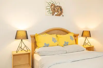 a bedroom with a bed with two lamps at Cozy 1 BDR apt in MTL-E, near metro, free parking in Montréal