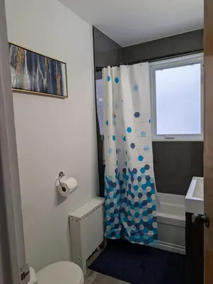 a bathroom with a shower curtain and a toilet at Belle chambre 2 pas Hôpital UQTR Services in Trois-Rivières