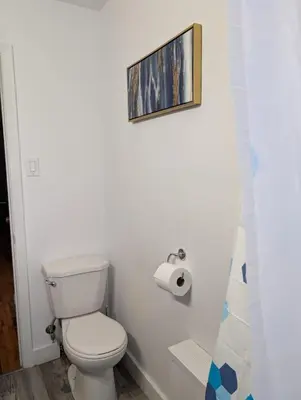 a bathroom with a toilet and a picture on the wall at Chambre confortable 2 pas Hôpital Université Services in Trois-Rivières