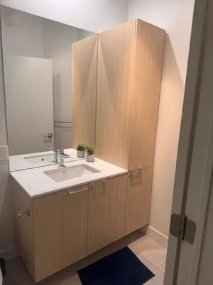 a bathroom with a sink and a mirror at Dreamzsuite in Montréal