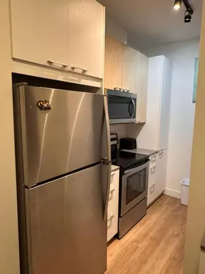 a kitchen with a stainless steel refrigerator and a stove at Dreamzsuite in Montréal