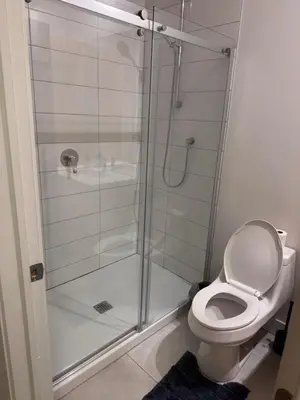 a bathroom with a glass shower with a toilet at Dreamzsuite in Montréal