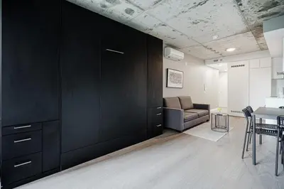 a living room with a couch and a table at Studio paisible et central-Montréal in Montréal
