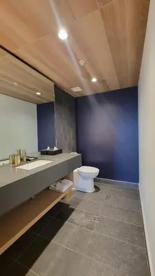 a bathroom with a toilet and a blue wall at chambre au centre ville de Montréal in Montréal