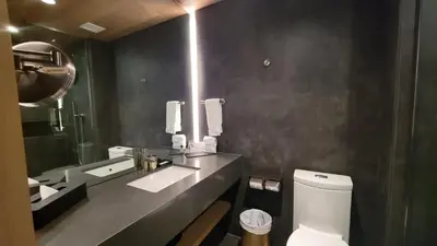 a bathroom with a toilet and a sink and a mirror at chambre au centre ville de Montréal in Montréal