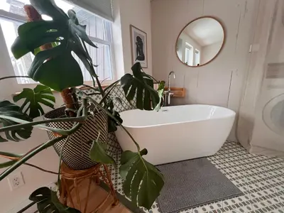 a bathroom with a white tub and a potted plant at Loft à la campagne in Waterville