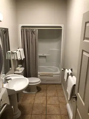 a bathroom with a shower and a toilet and a sink at Motel De La Gare Richmond in Richmond