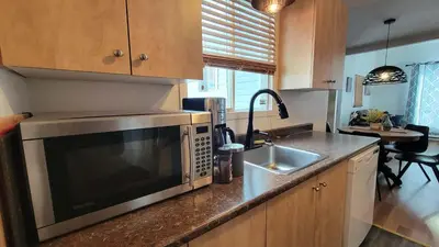 a kitchen with a sink and a microwave at L'EMERAUDE sur la rivière Magog in Sherbrooke