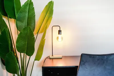 a desk with a lamp and a plant at Appartement chaleureux pour un séjour parfait in Montréal
