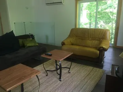 a living room with a couch and a coffee table at Charming chalet for rent next to Owl Head SKI in Potton