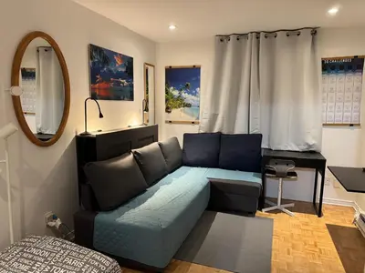 a living room with a blue couch and a mirror at Montreal Hideaway in a Residential area in Montréal