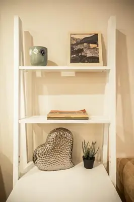 a room with a shelf with a cushion and a plant at 203 - Fantastic Cozy New 2 Queen Condo with Gym, DT&Airport in Montréal