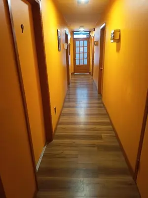 a long hallway with yellow walls and wooden floors at Iphigenie in Montréal