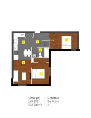 a plan of the floor plan of a house at 211 - Cozy New Condo with 2 Queens, Parking, DT&Airport in Montréal