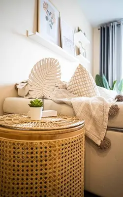 a wicker table with a fan on top of a couch at 217 - Pastel Stylist 2 KING-BR with Parking, nr DT&Airport in Montréal