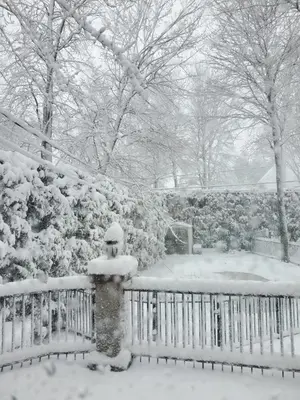 a snow covered garden with a fence and trees at Motel châteauterrebonne in Terrebonne
