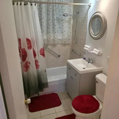 a bathroom with a shower and a toilet and a sink at Appartement cosy, comme à la maison in Montréal