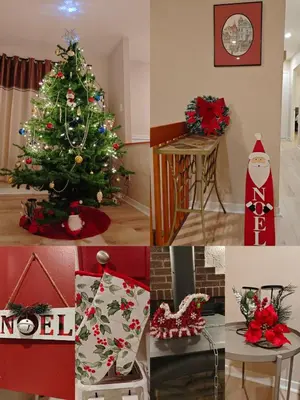 a collage of pictures of a christmas tree in a room at Quiet 4 BR House , 20 min to DT, Free Parking in Brossard