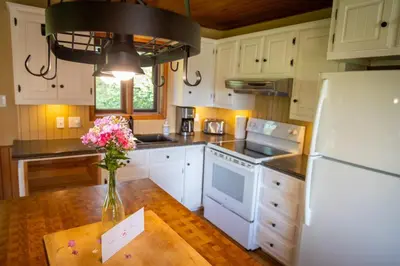 a kitchen with white cabinets and a vase of flowers on a table at Camping de la Rivière Nicolet in Wotton