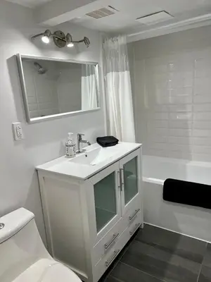 a bathroom with a sink and a toilet and a mirror at Appartement privé et calme in Montréal
