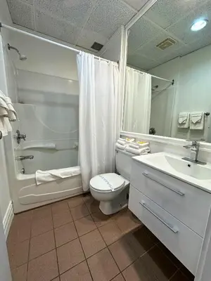 a bathroom with a toilet and a shower and a sink at La Porte de la Mauricie in Louiseville