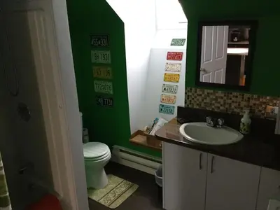 a green bathroom with a toilet and a sink at La Maison des Éboulis in Victoriaville