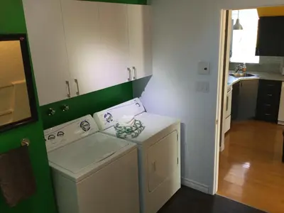 a white washer and dryer in a green room at La Maison des Éboulis in Victoriaville