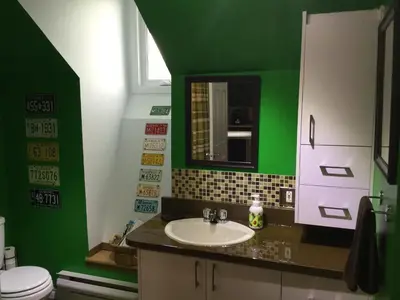 a green bathroom with a sink and a toilet at La Maison des Éboulis in Victoriaville